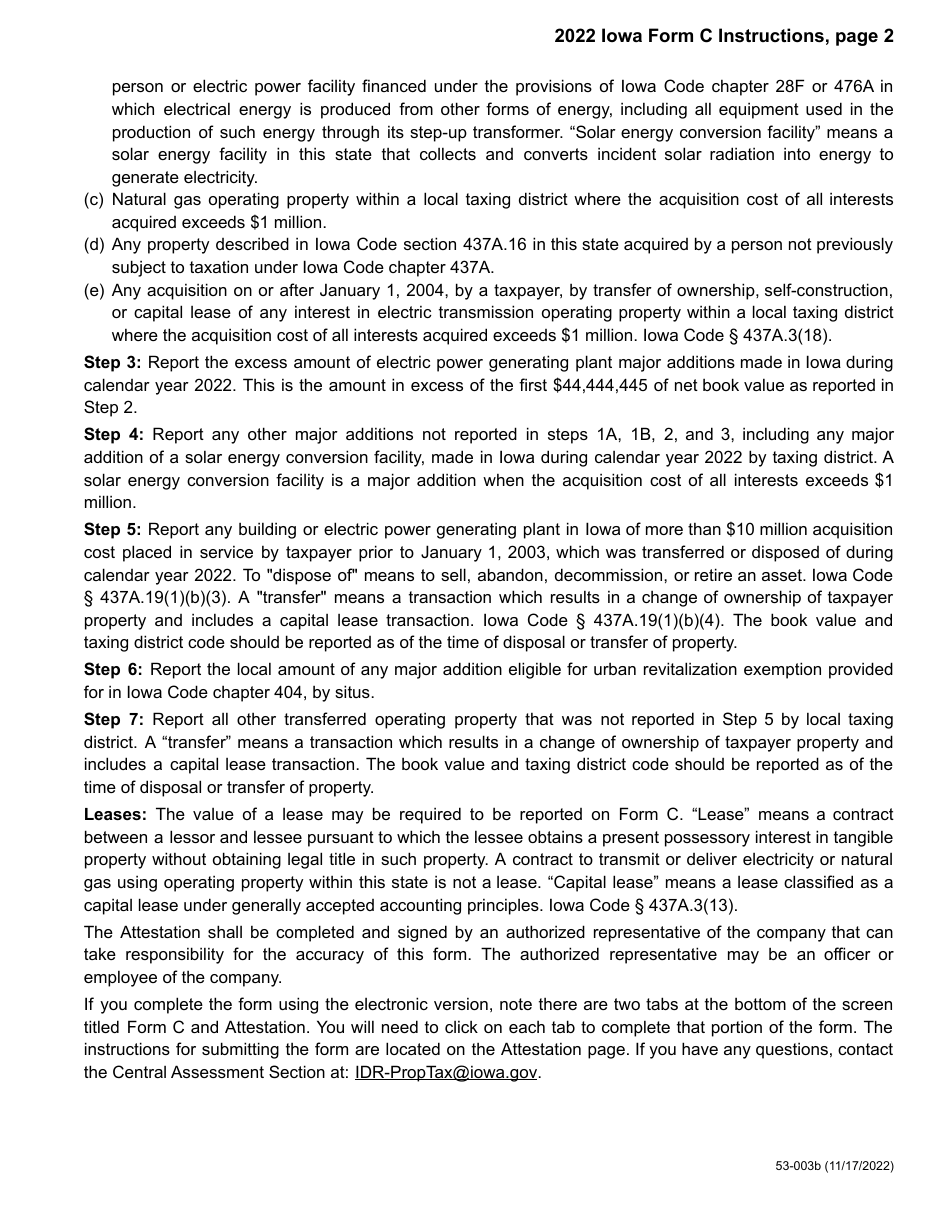 Instructions for Form C, 53-002 Iowa Replacement Tax Form - Adjustment to Assessed Value - Iowa, Page 2