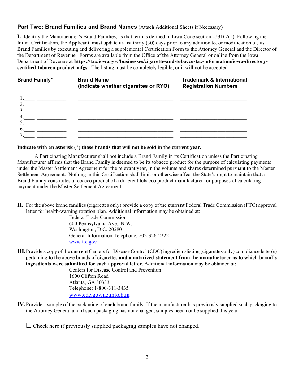 Participating Manufacturer Certification Form - Iowa, Page 2