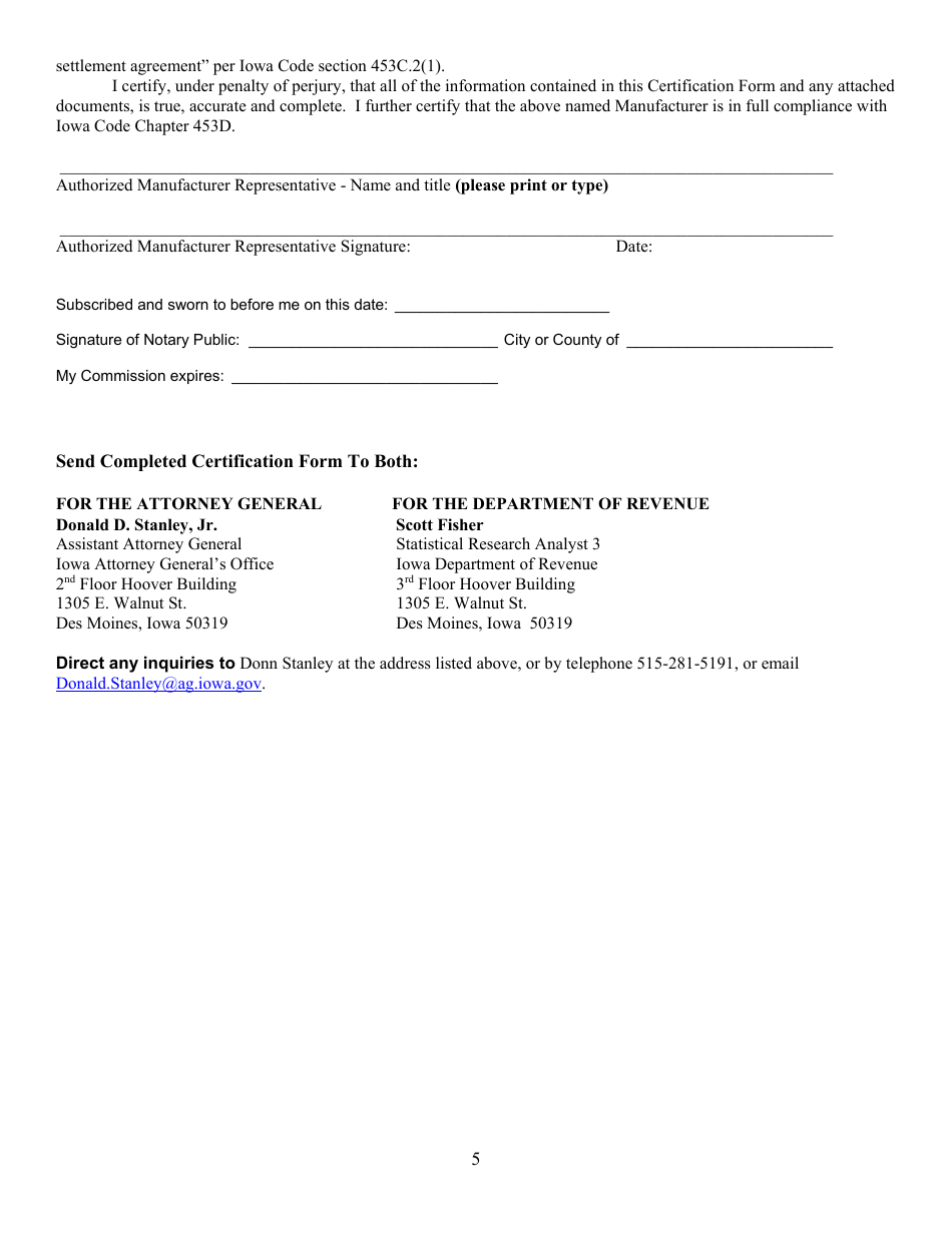 Participating Manufacturer Certification Form - Iowa, Page 5