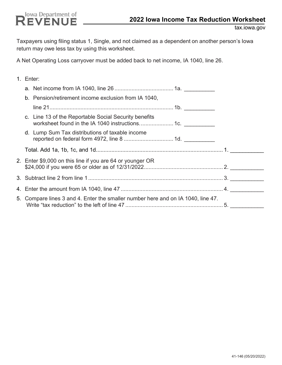 Form 41-146 Income Tax Reduction Worksheet - Iowa, Page 1