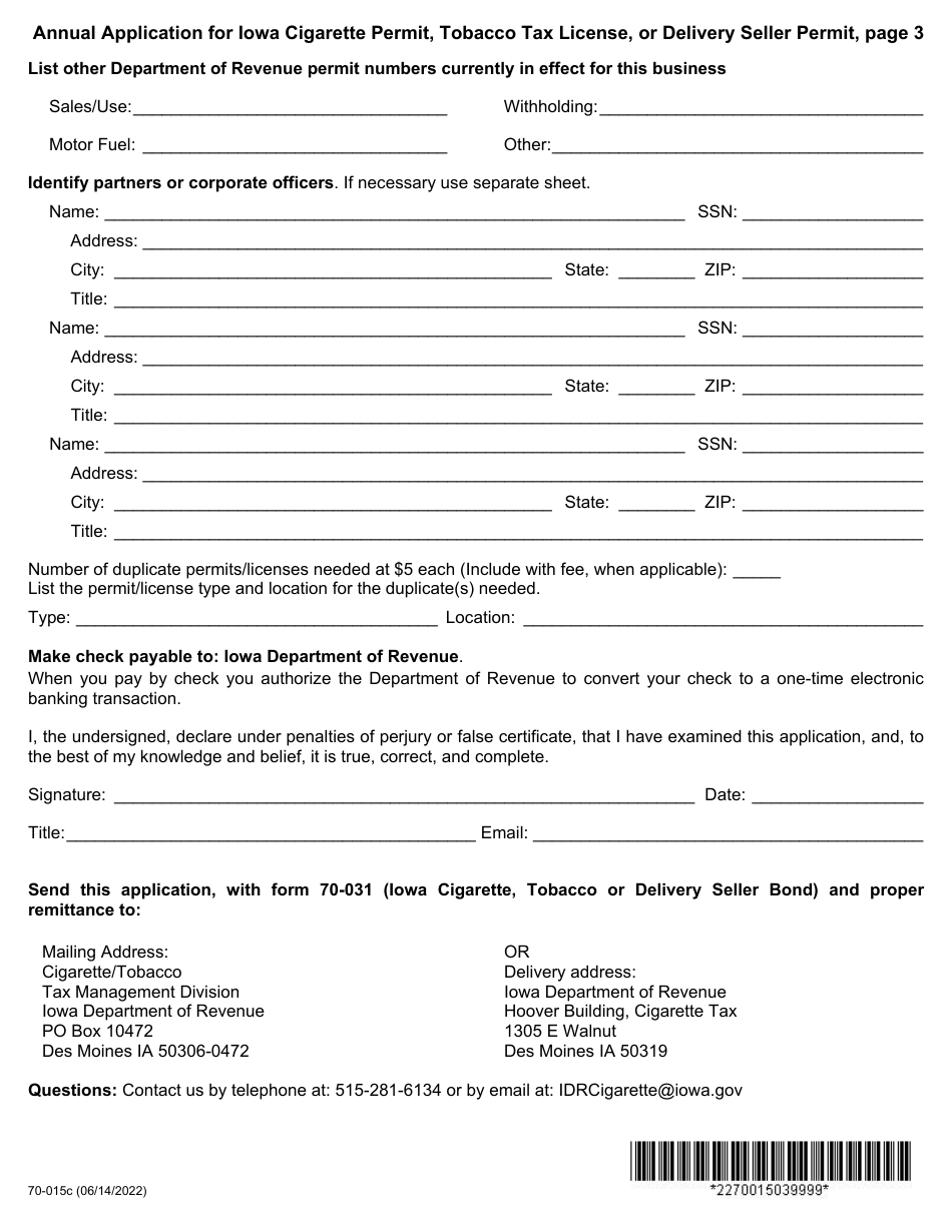 Form 70-015 Annual Application for Iowa Cigarette Permit, Tobacco Tax License, or Delivery Seller Permit - Iowa, Page 3