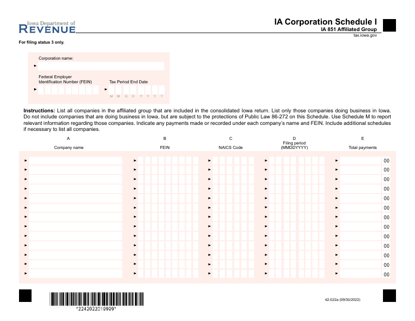 Form 42-022 Schedule I, J1, J2  Printable Pdf