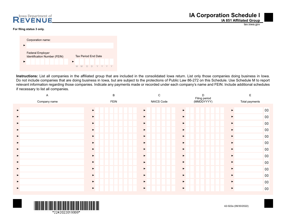 Form 42-022 Schedule I, J1, J2 Corporation Schedule - Iowa, Page 1