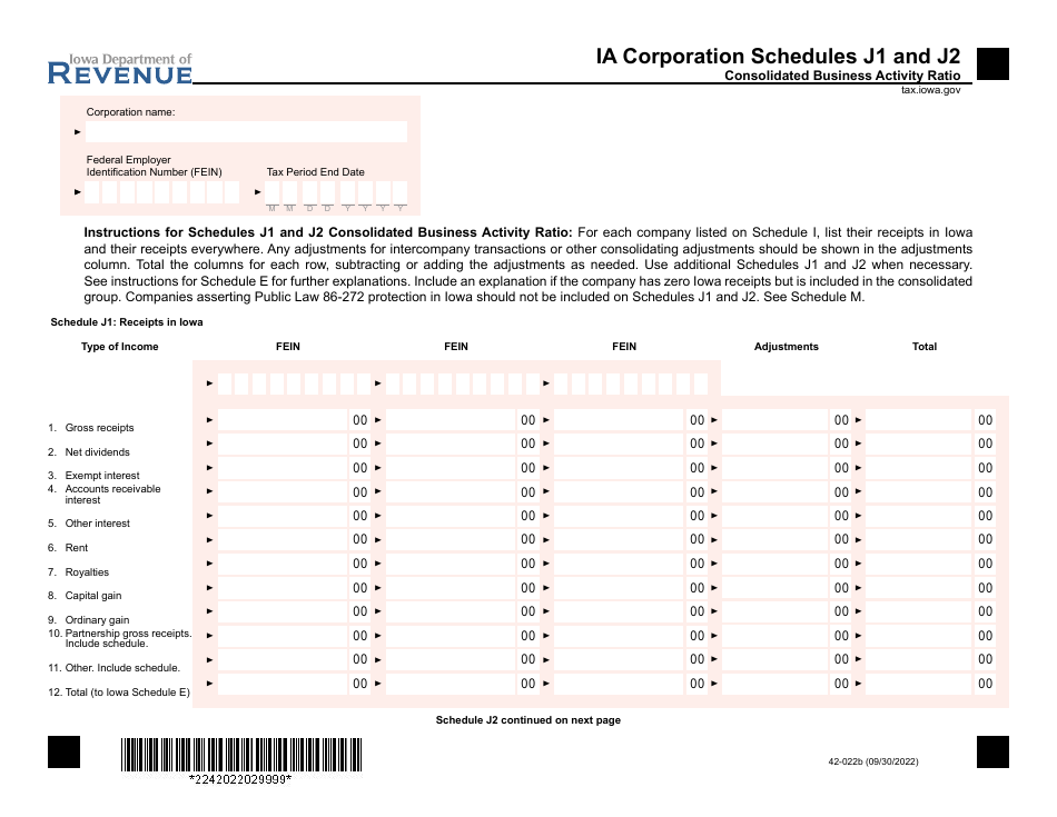 Form 42-022 Schedule I, J1, J2 Corporation Schedule - Iowa, Page 2