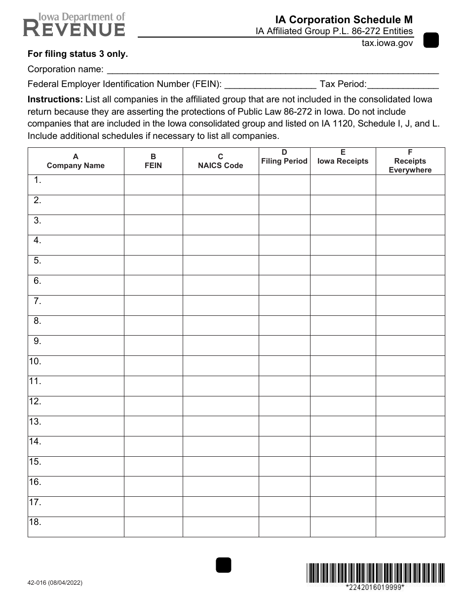 Form 42-016 Schedule M Corporation Schedule - Iowa, Page 1