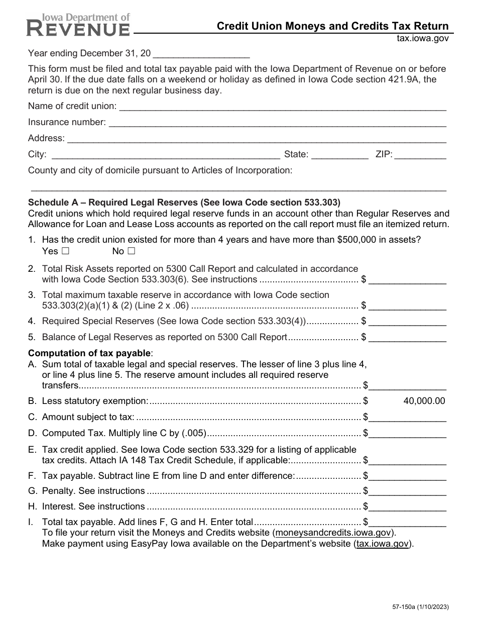 Form 57-150 Credit Union Moneys and Credits Tax Return - Iowa, Page 1