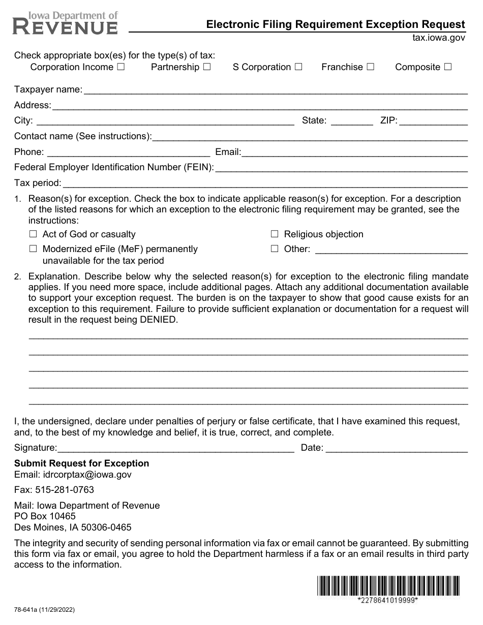 Form 78-641 Electronic Filing Requirement Exception Request - Iowa, Page 1