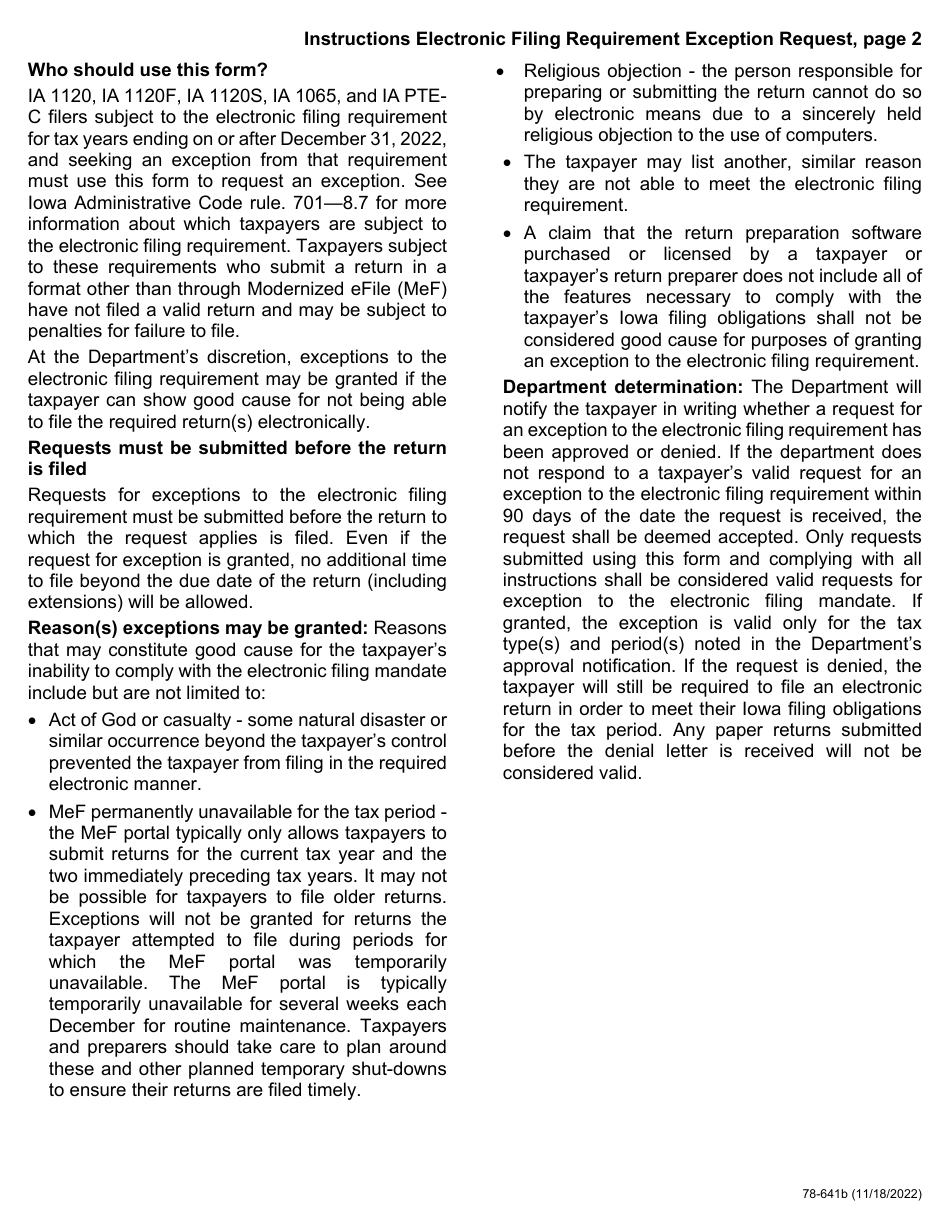 Form 78-641 Electronic Filing Requirement Exception Request - Iowa, Page 2