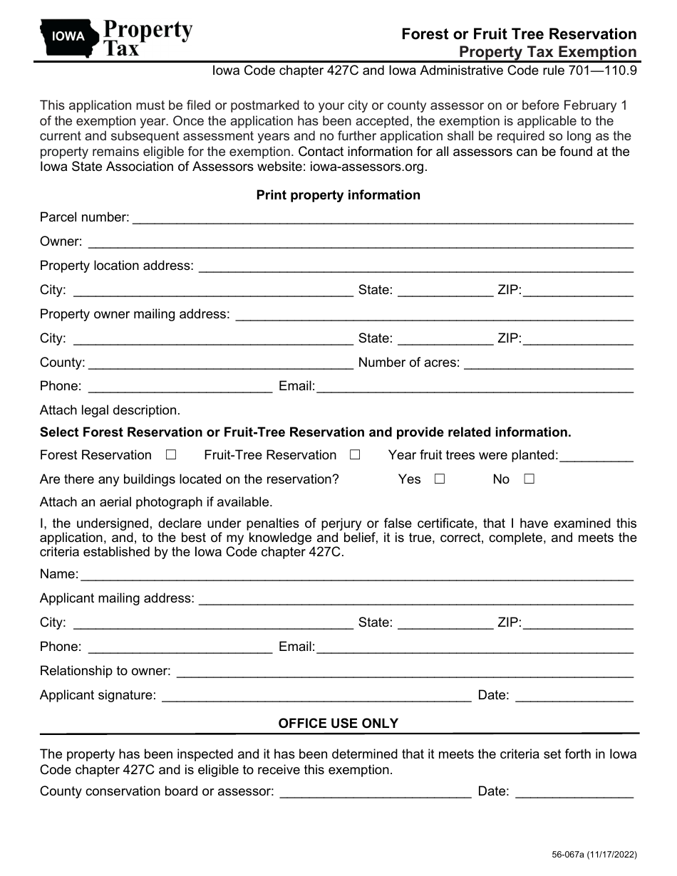 Form 56-067 Forest or Fruit Tree Reservation - Property Tax Exemption - Iowa, Page 1