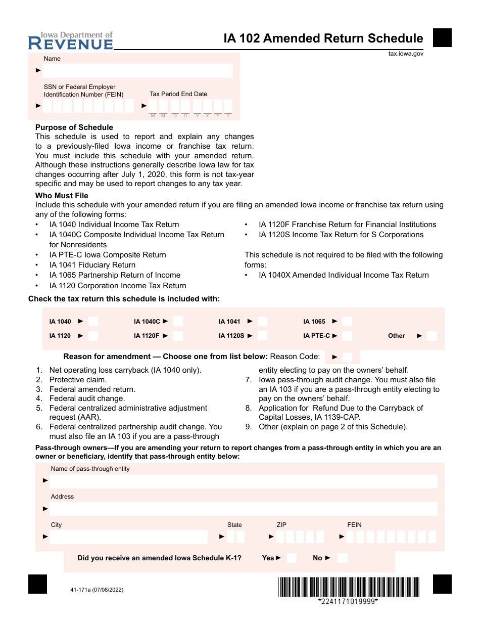 Form IA102 (41-171) Amended Return Schedule - Iowa, Page 1