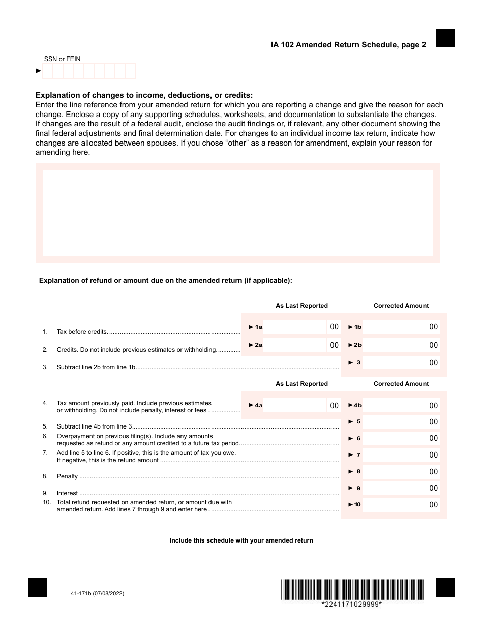 Form IA102 (41-171) Amended Return Schedule - Iowa, Page 2