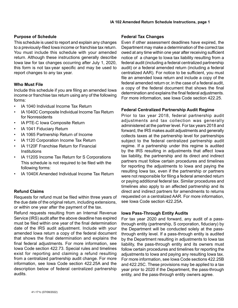 Form IA102 (41-171) Amended Return Schedule - Iowa, Page 3