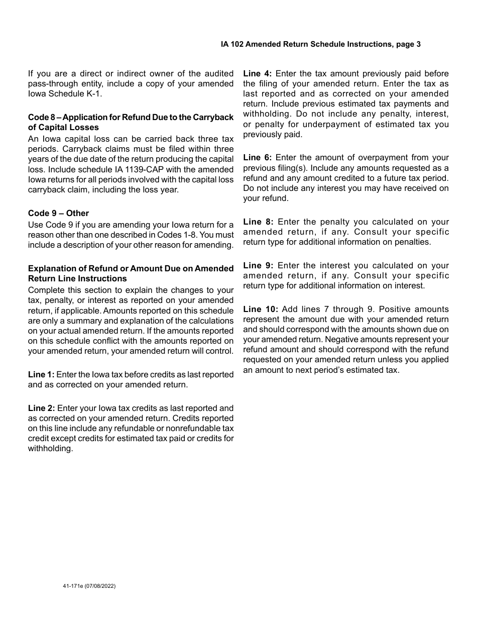 Form IA102 (41-171) Amended Return Schedule - Iowa, Page 5