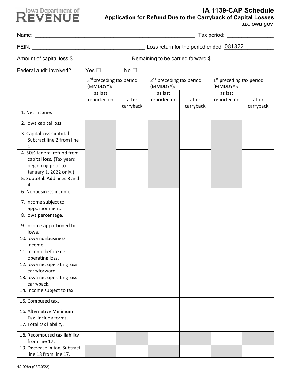 Form IA1139-CAP (42-028) Application for Refund Due to the Carryback of Capital Losses - Iowa, Page 1