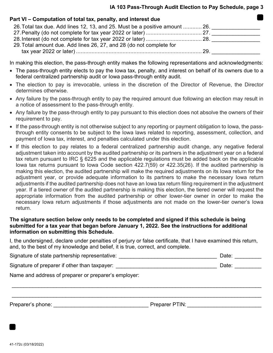 Form IA103 (41-172) Pass-Through Audit Election to Pay Schedule - Iowa, Page 3