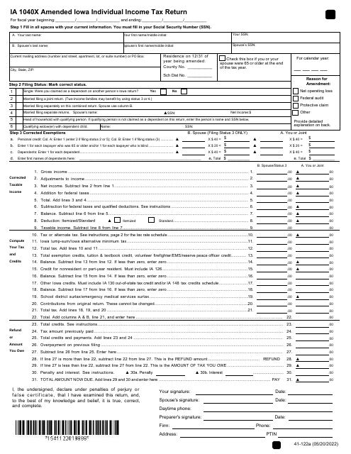 Form IA1040X (41-122)  Printable Pdf