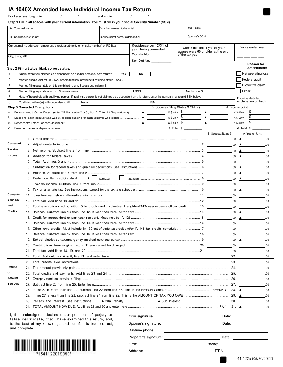 Form IA1040X (41-122) Amended Iowa Individual Income Tax Return - Iowa, Page 1