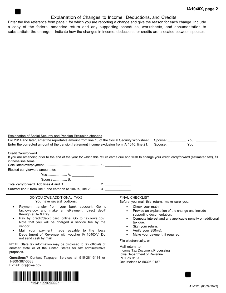 Form Ia1040x 41 122 Download Fillable Pdf Or Fill Online Amended Iowa Individual Income Tax 0002