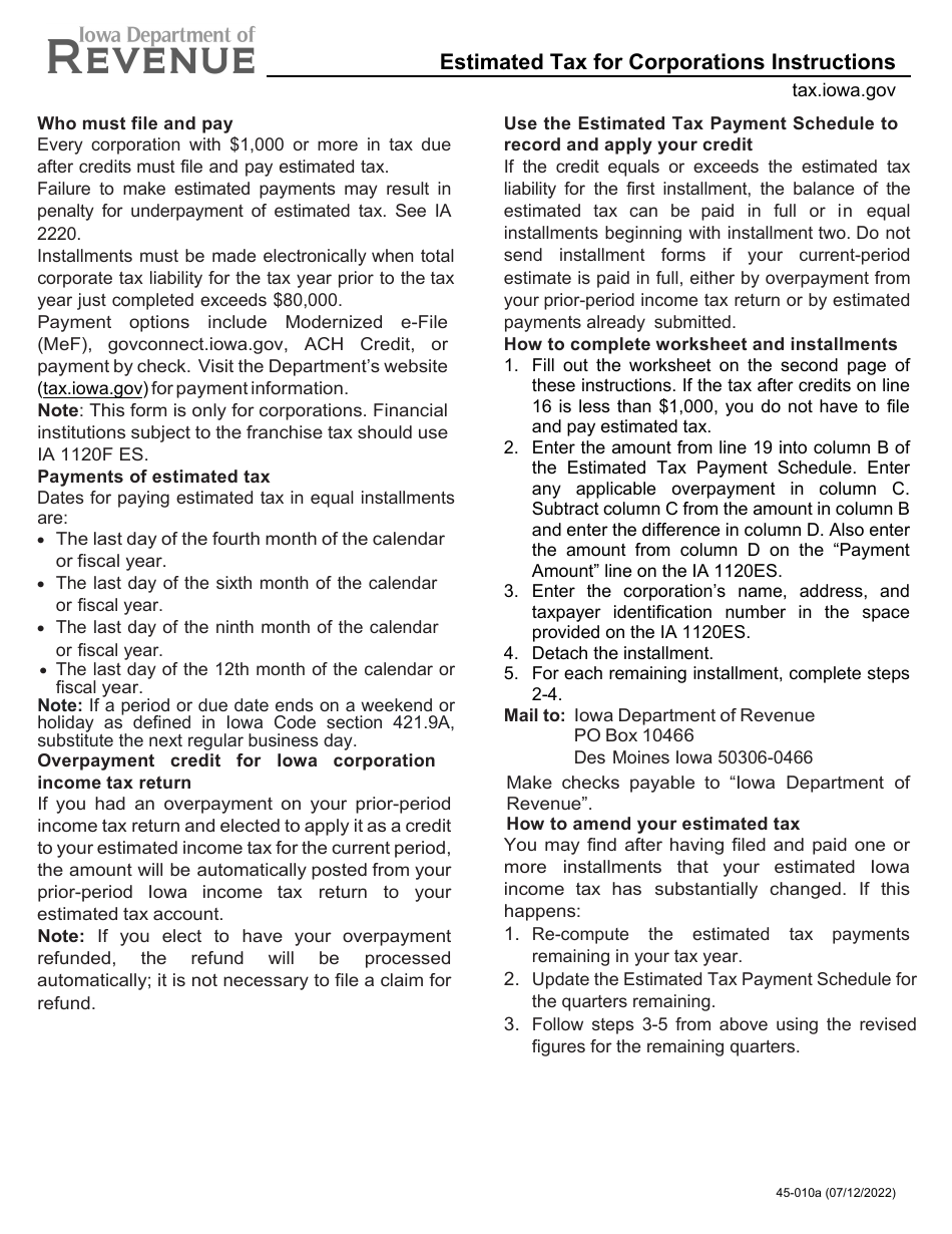 Form IA1120 (45010) Download Fillable PDF or Fill Online Estimated Tax