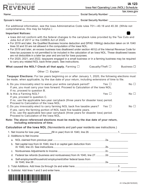 Form IA123 (41-123)  Printable Pdf