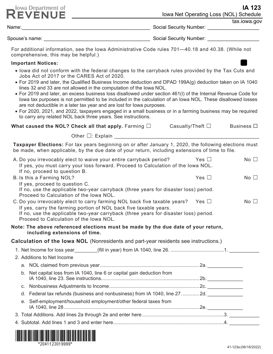 Form IA123 (41-123) Iowa Net Operating Loss (Nol) Schedule - Iowa, Page 1