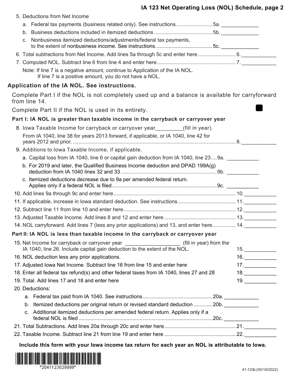 Form IA123 (41-123) Iowa Net Operating Loss (Nol) Schedule - Iowa, Page 2