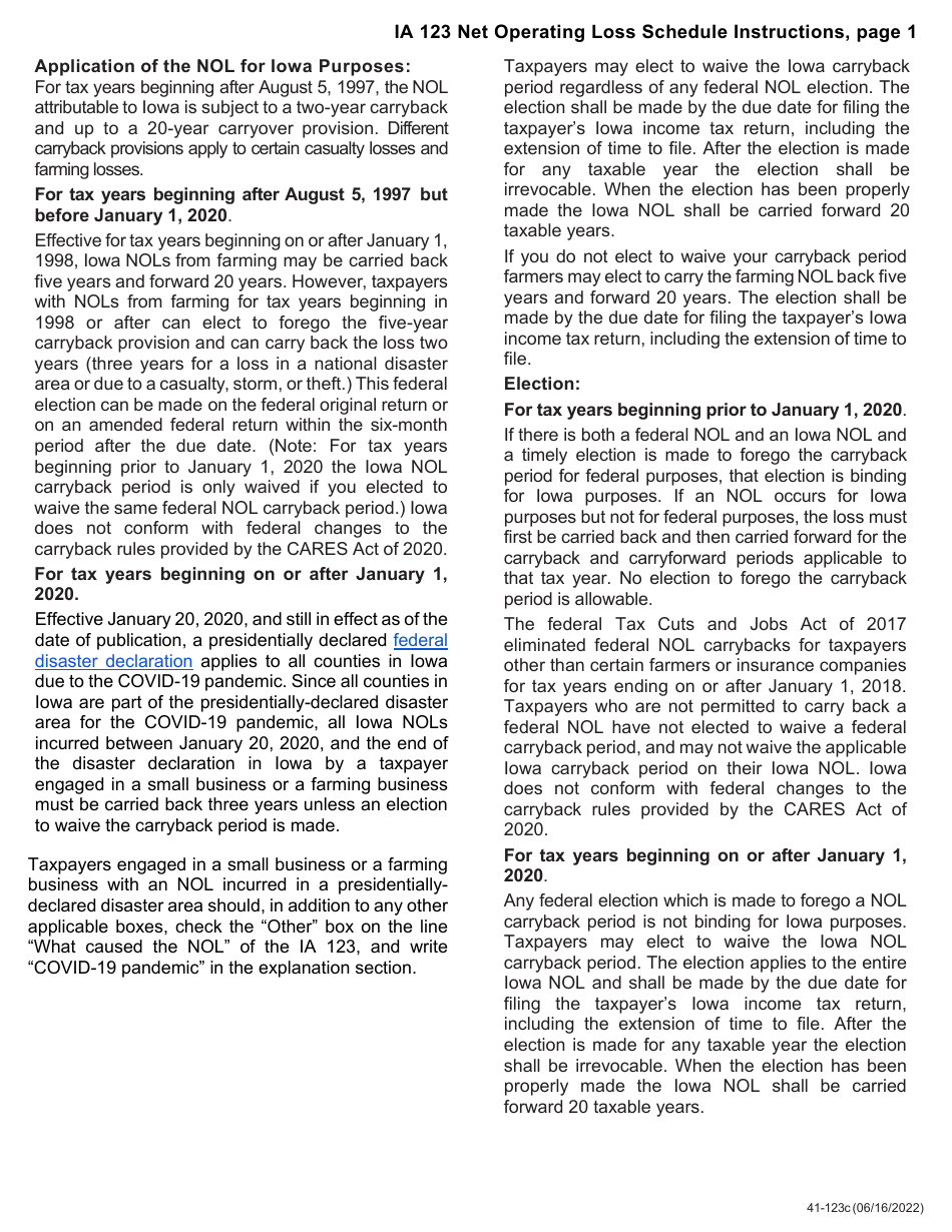 Form IA123 (41-123) Iowa Net Operating Loss (Nol) Schedule - Iowa, Page 3