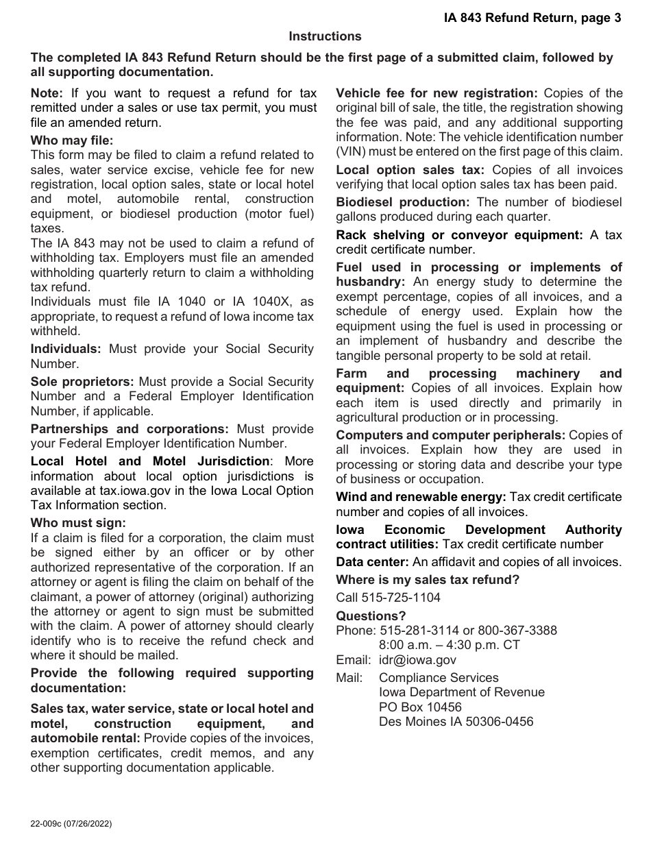 Form IA843 (22-009) Refund Return - Sales, Use, Excise, and Local Option Tax - Iowa, Page 3