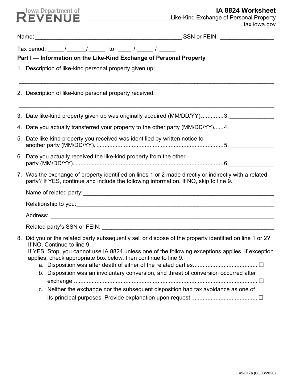 Form IA8824 (45-017) Like-Kind Exchange of Personal Property Worksheet - Iowa, Page 1