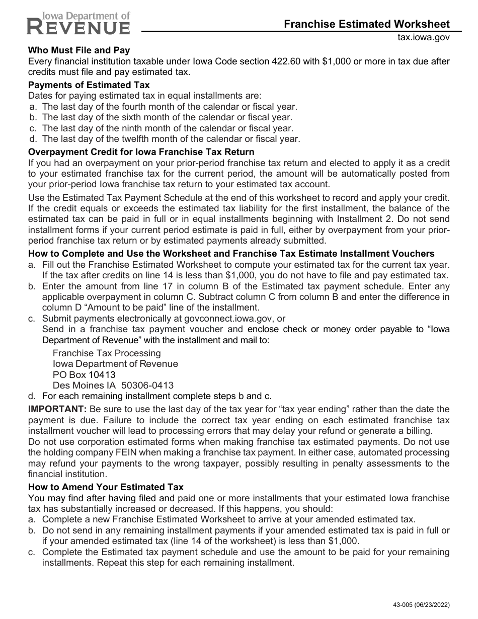 Form 43-005 Franchise Estimated Worksheet - Iowa, Page 1