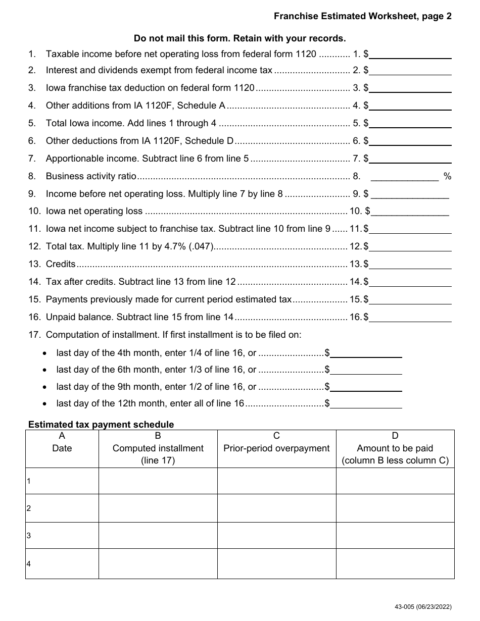 Form 43-005 Franchise Estimated Worksheet - Iowa, Page 2