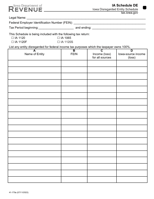 Form 41-179 Schedule DE  Printable Pdf