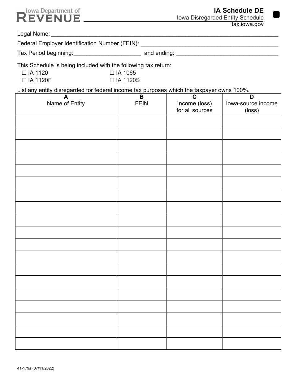 Form 41-179 Schedule DE Iowa Disregarded Entity Schedule - Iowa, Page 1