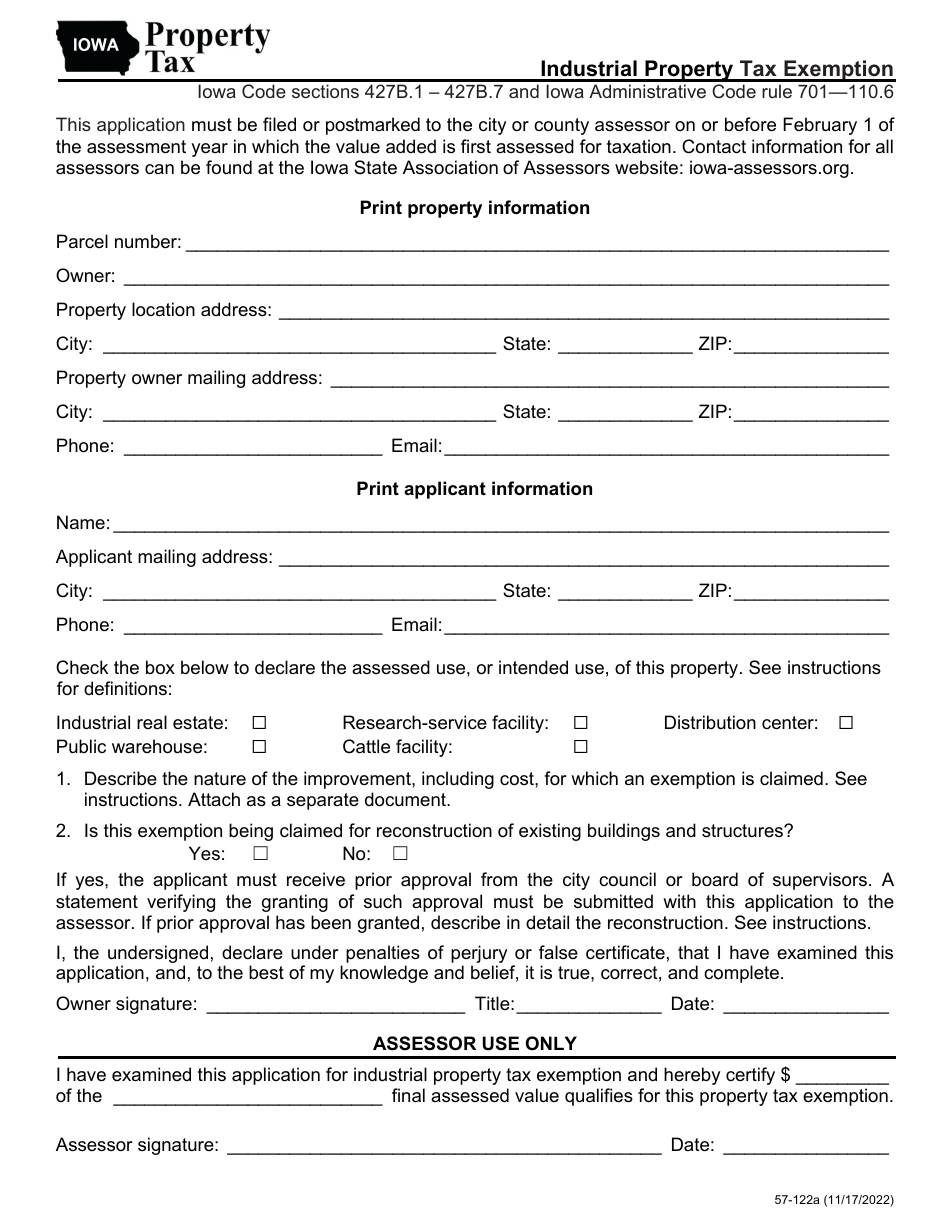 Form 57-122 Industrial Property Tax Exemption - Iowa, Page 1