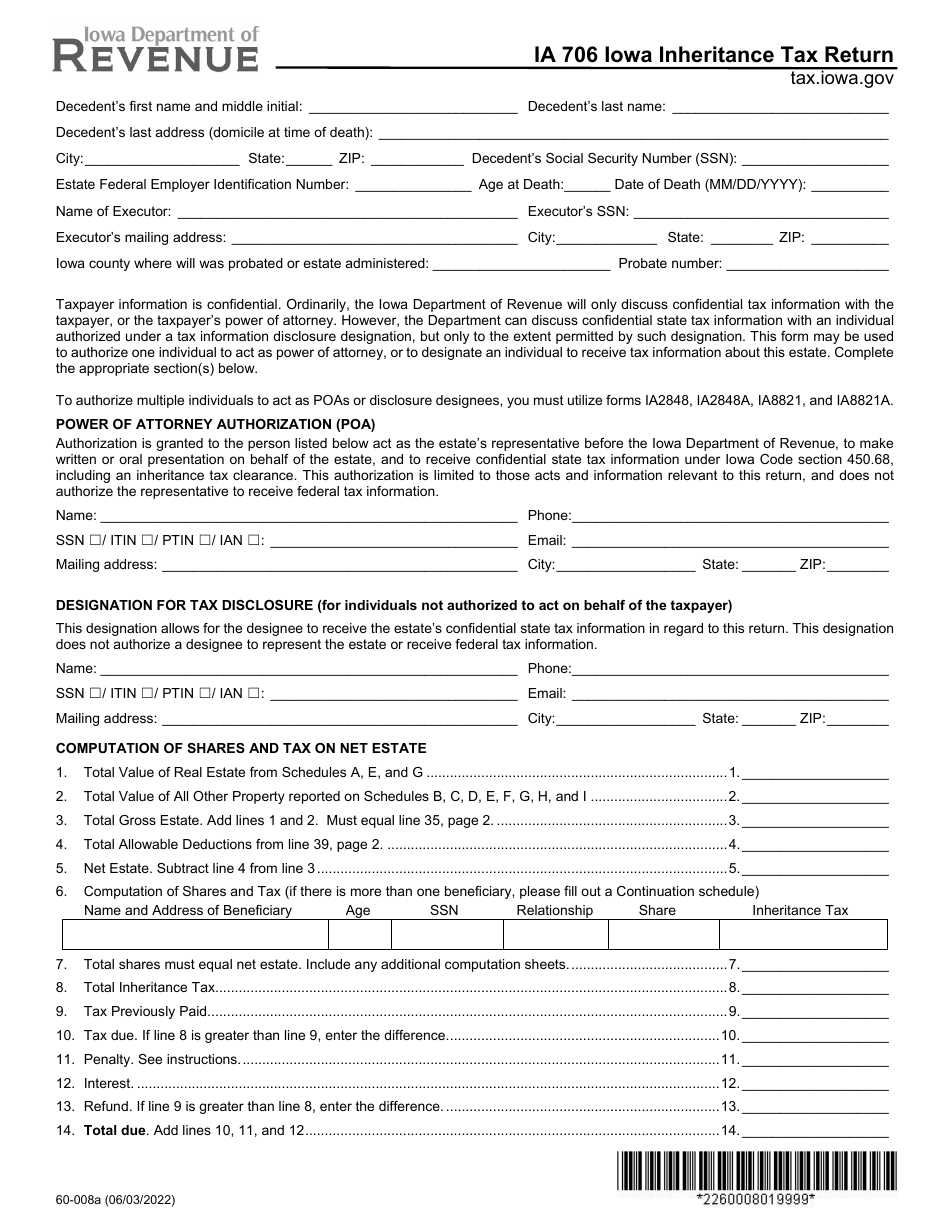 Form IA706 (60-008) Iowa Inheritance Tax Return - Iowa, Page 1