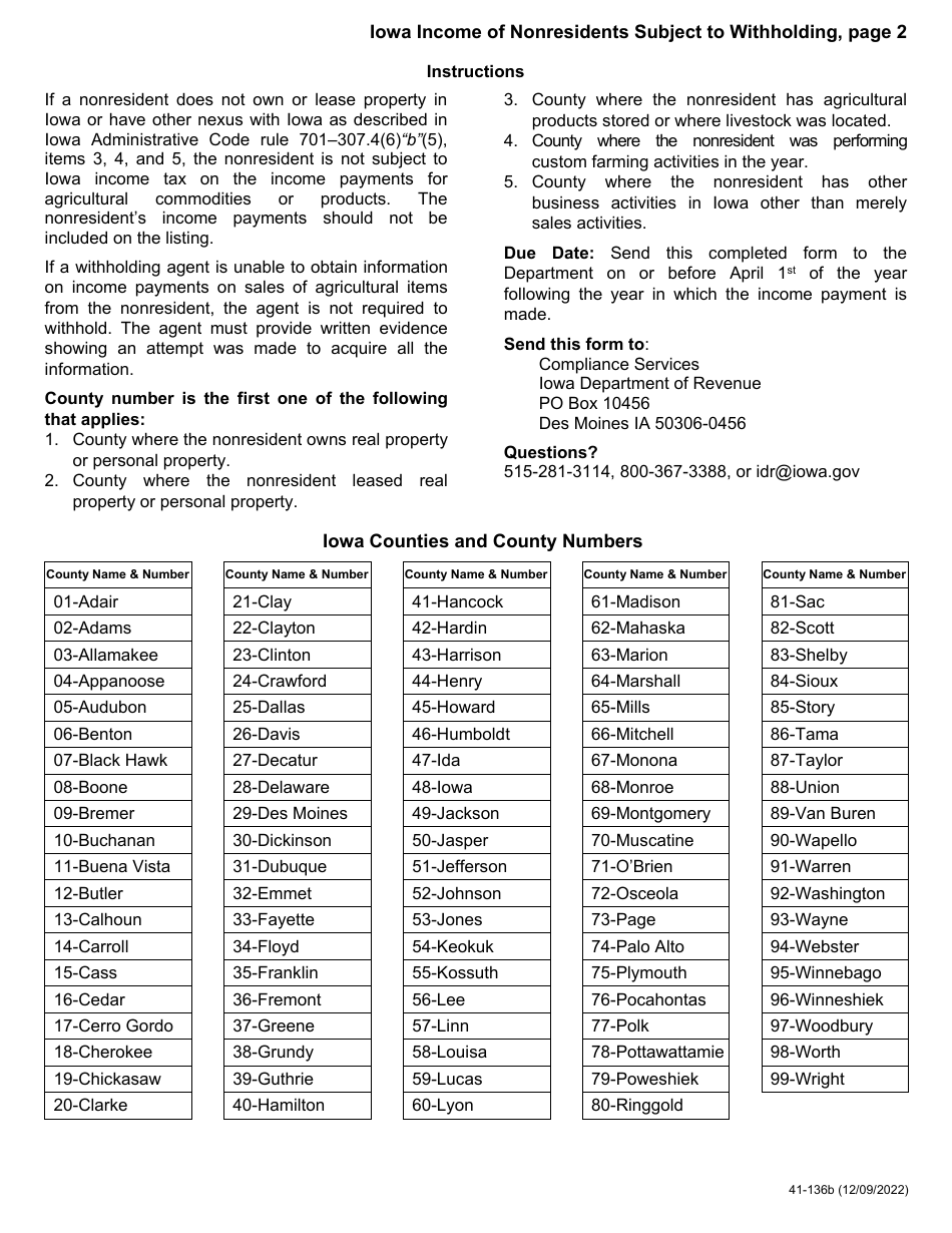 Form 41-136 Iowa Income of Nonresidents Subject to Withholding - Iowa, Page 2