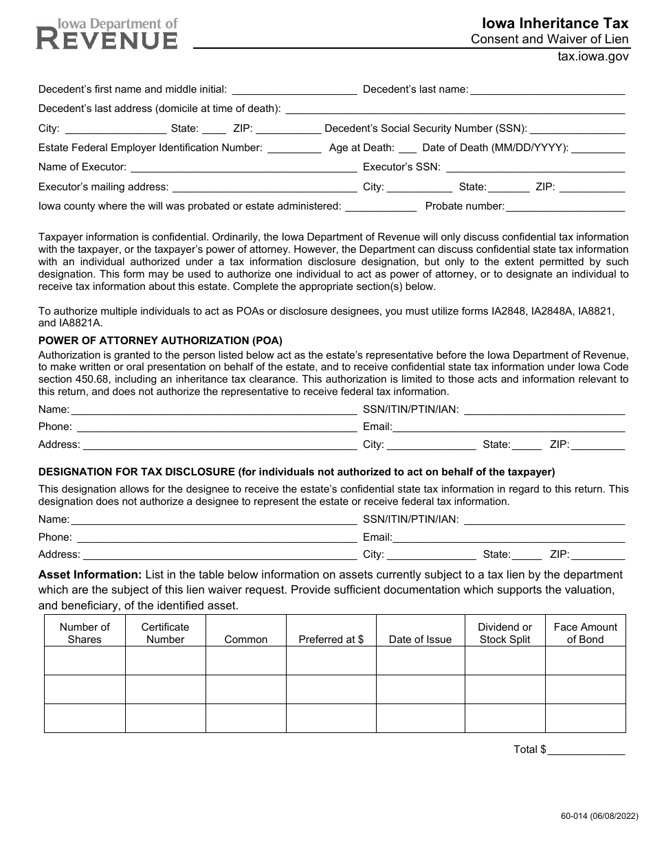 Form 60-014 Iowa Inheritance Tax - Consent and Waiver of Lien - Iowa, Page 1