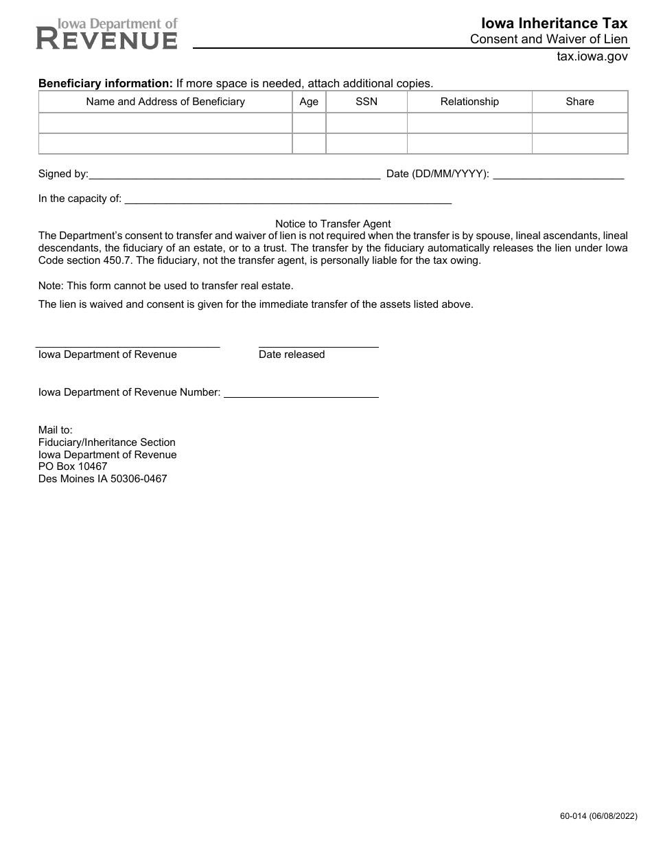 Form 60-014 - Fill Out, Sign Online and Download Printable PDF, Iowa ...