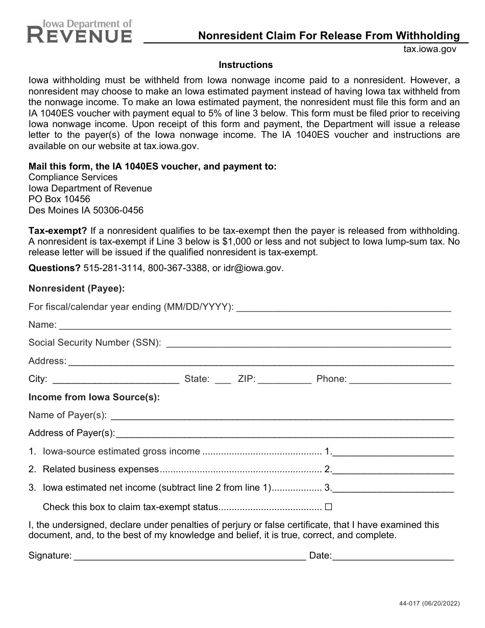 Form 44-017 Nonresident Claim for Release From Withholding - Iowa, Page 1