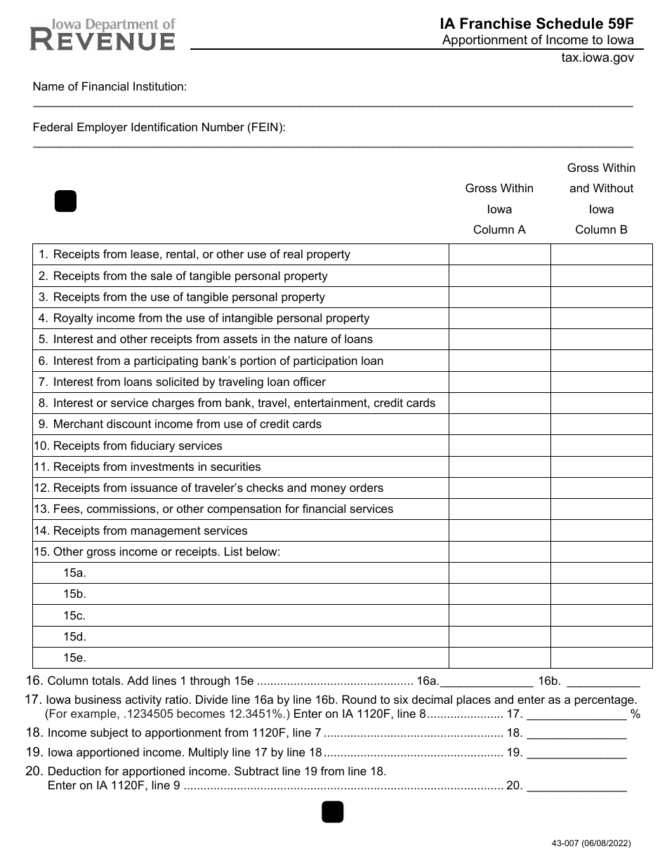 Form 43-007 Schedule 59F Apportionment of Income to Iowa - Iowa, Page 1