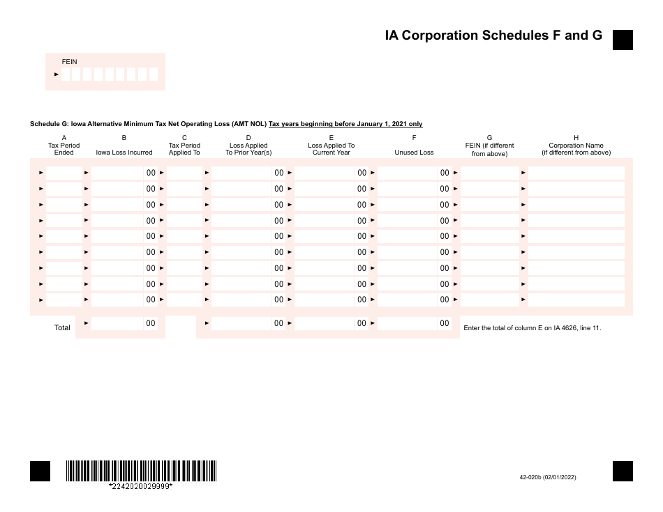Form 42-020 Schedule F, G Net Operating and Alternative Minimum Tax Loss Carryovers - Iowa, Page 2