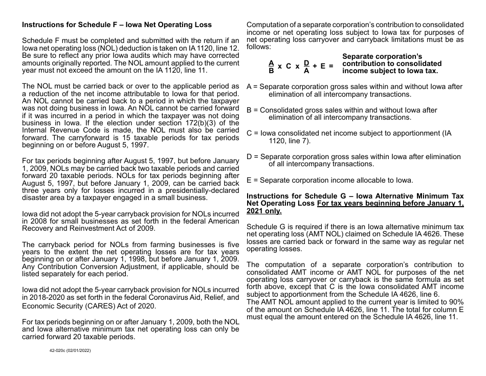 Form 42-020 Schedule F, G Net Operating and Alternative Minimum Tax Loss Carryovers - Iowa, Page 3