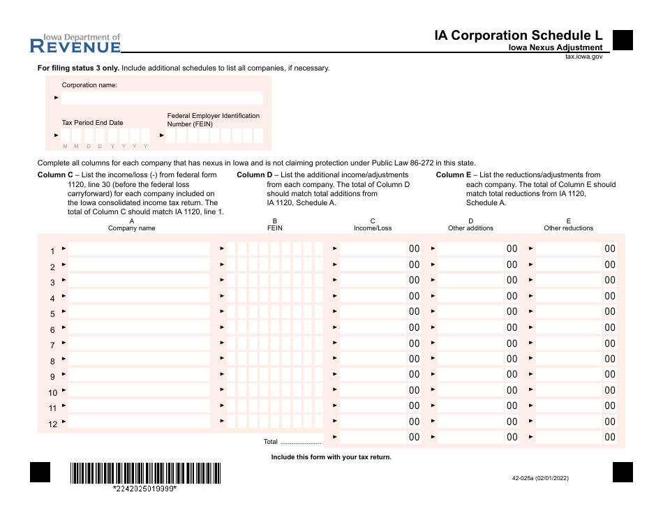 Form 42-025 Schedule L Iowa Nexus Adjustment - Iowa, Page 1