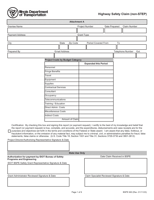 Form BSPE600 Highway Safety Claim (Non-step) - Illinois