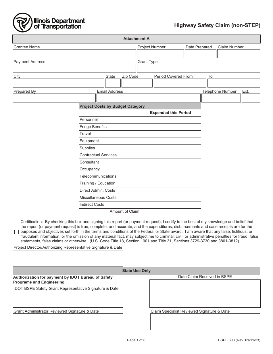 Form BSPE600 Highway Safety Claim (Non-step) - Illinois, Page 1