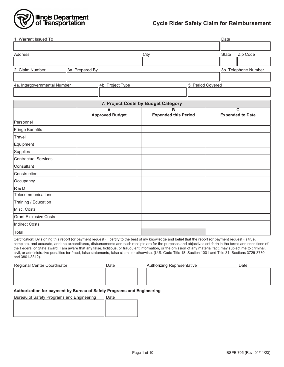 Form BSPE705 Cycle Rider Safety Claim for Reimbursement - Illinois, Page 1