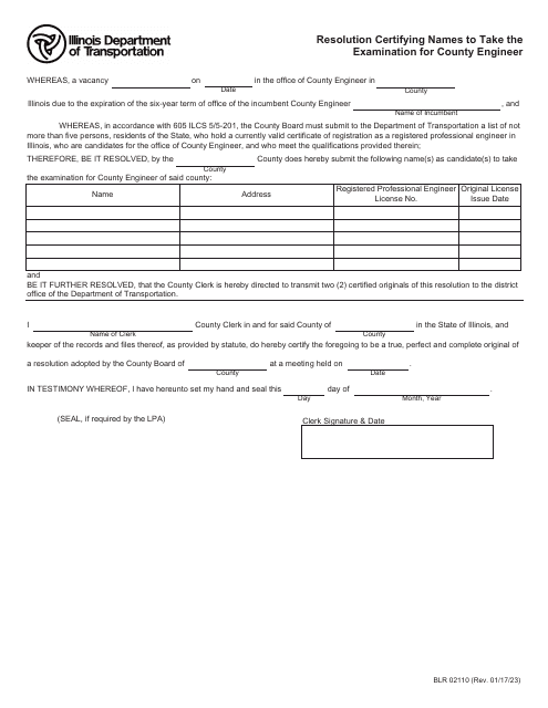 Form BLR02110 Resolution Certifying Names to Take the Examination for County Engineer - Illinois