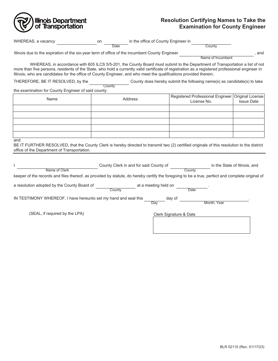 Form BLR02110 Resolution Certifying Names to Take the Examination for County Engineer - Illinois, Page 1