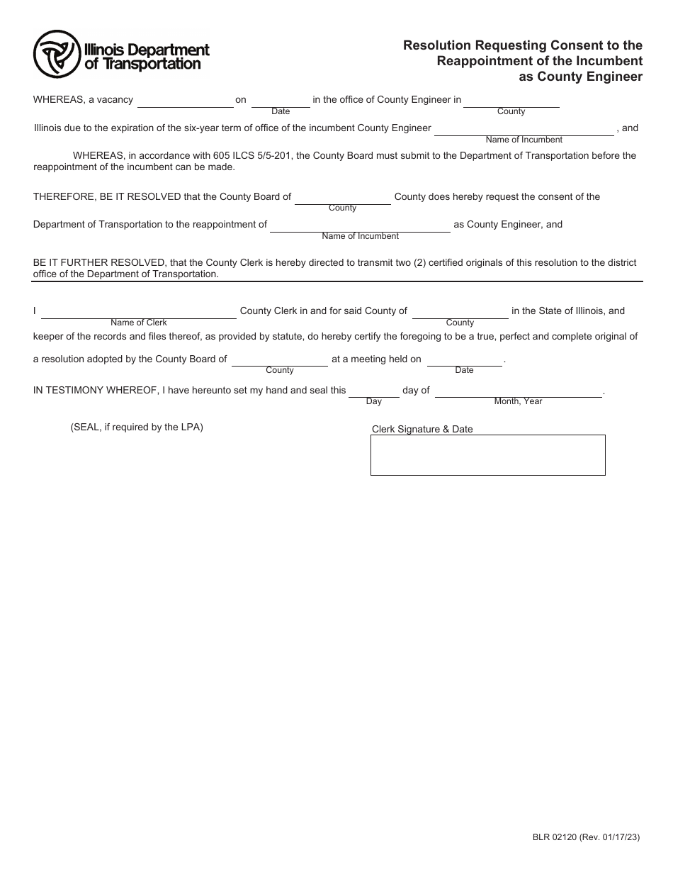 Form BLR02120 Resolution Requesting Consent to the Reappointment of the Incumbent as County Engineer - Illinois, Page 1