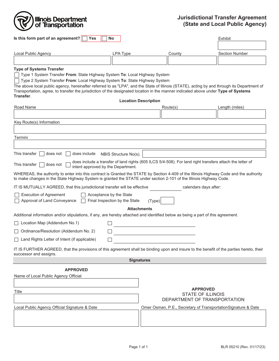Form BLR05210 Jurisdictional Transfer Agreement (State and Local Public Agency) - Illinois, Page 1